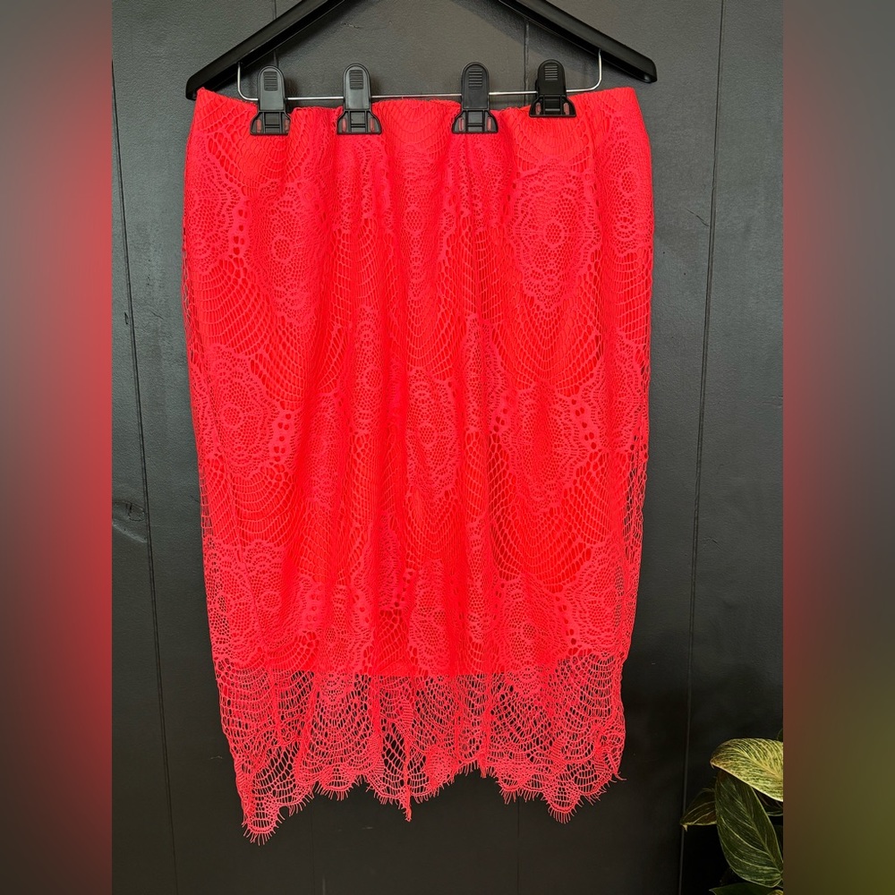 Torrid deep coral pencil skirt with lace overlay